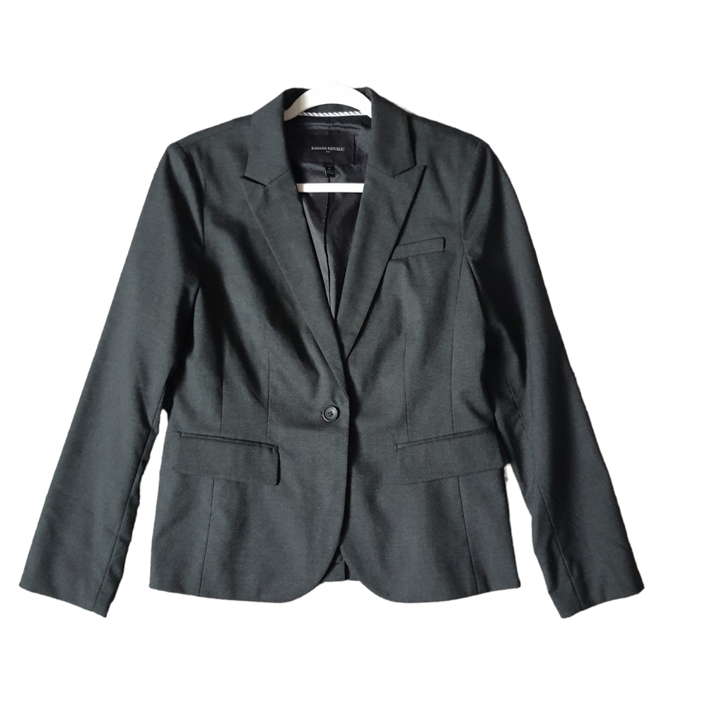 BR Peak Lapel Classic Button Blazer Womens 8P Dark Charcoal Gray Banana Republic